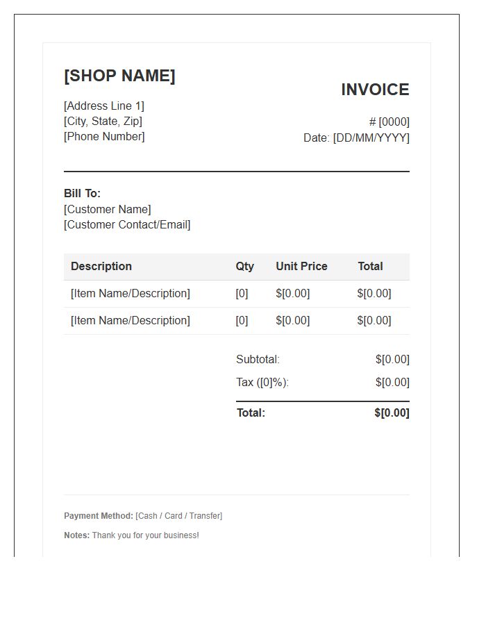 Independent Shop Retail Sales Invoice Template