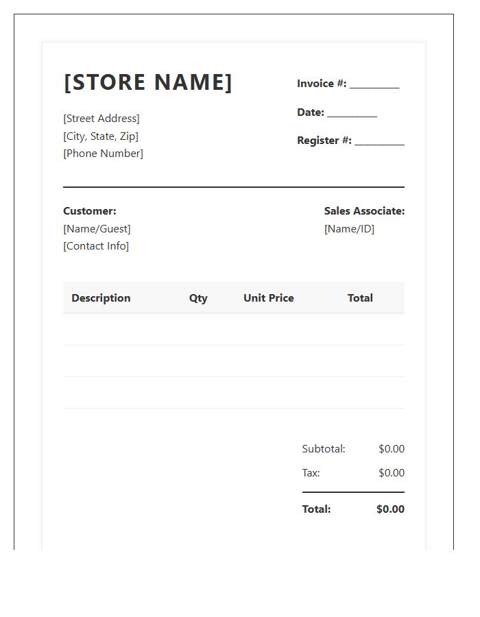 Physical Store Transaction Record Invoice Template