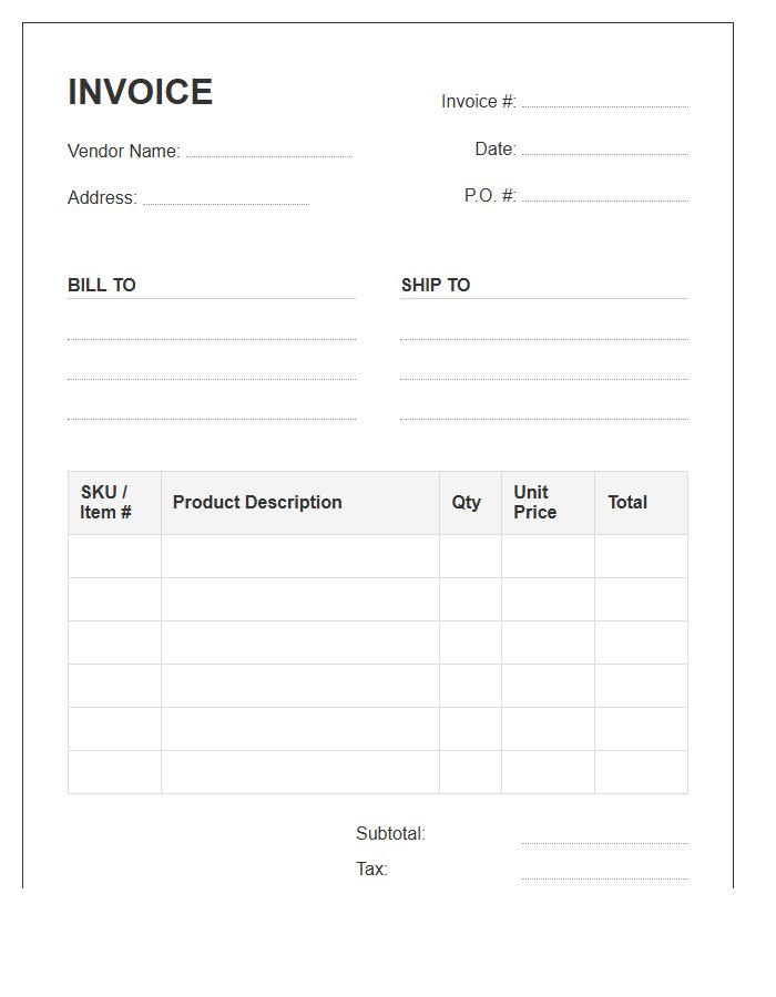 Retail Vendor Product Order Invoice Template