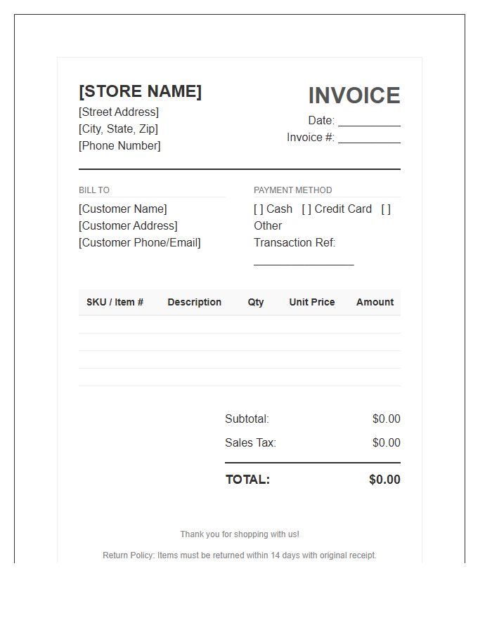 Specialty Retail Store Payment Invoice Template