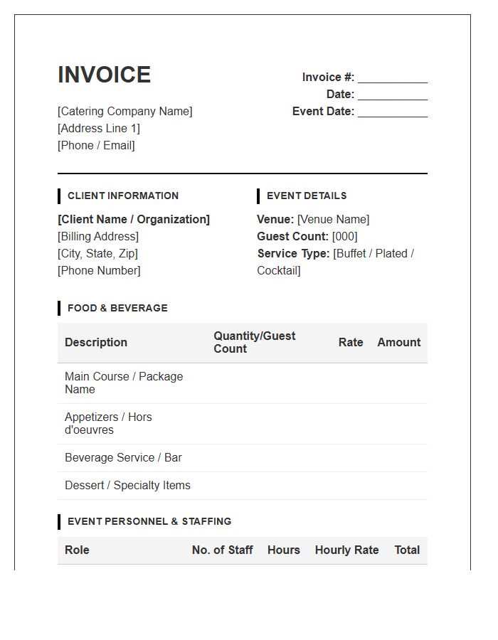 Catering Company And Event Personnel Invoice Template