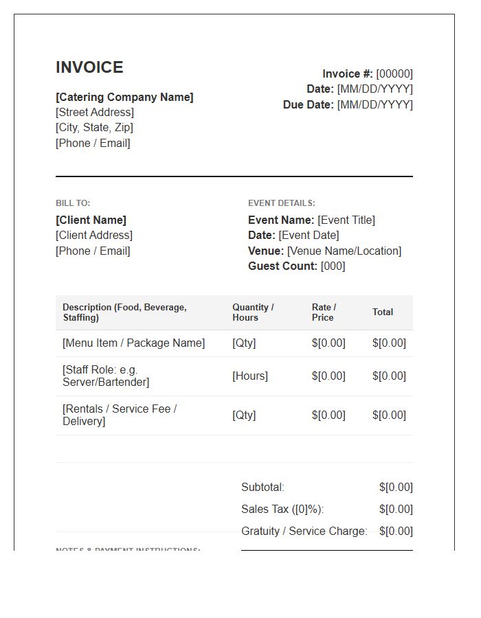 Catering Service And Event Staffing Invoice Template