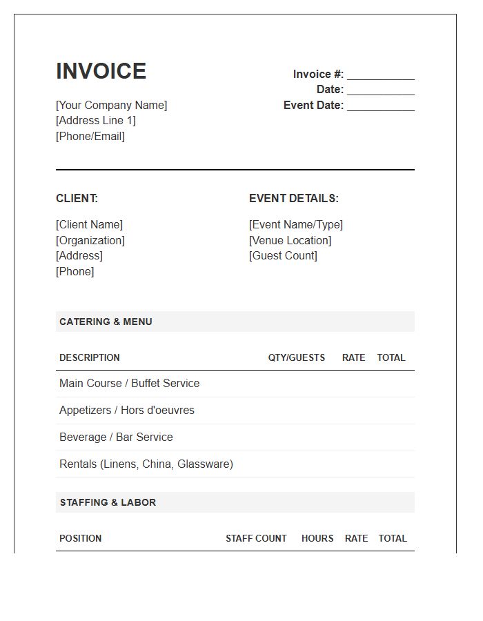 Event Management Catering And Staffing Invoice Template