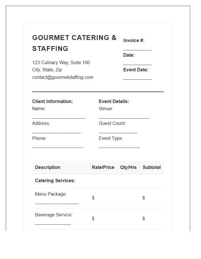 Gourmet Catering And Professional Staffing Invoice Template