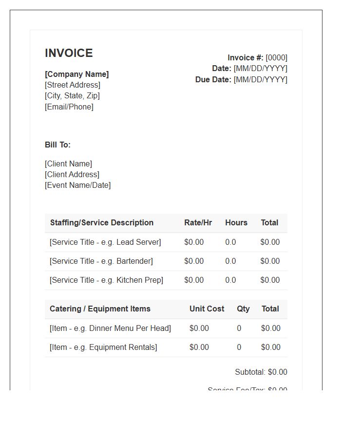 Hourly Staffing And Catering Service Invoice Template