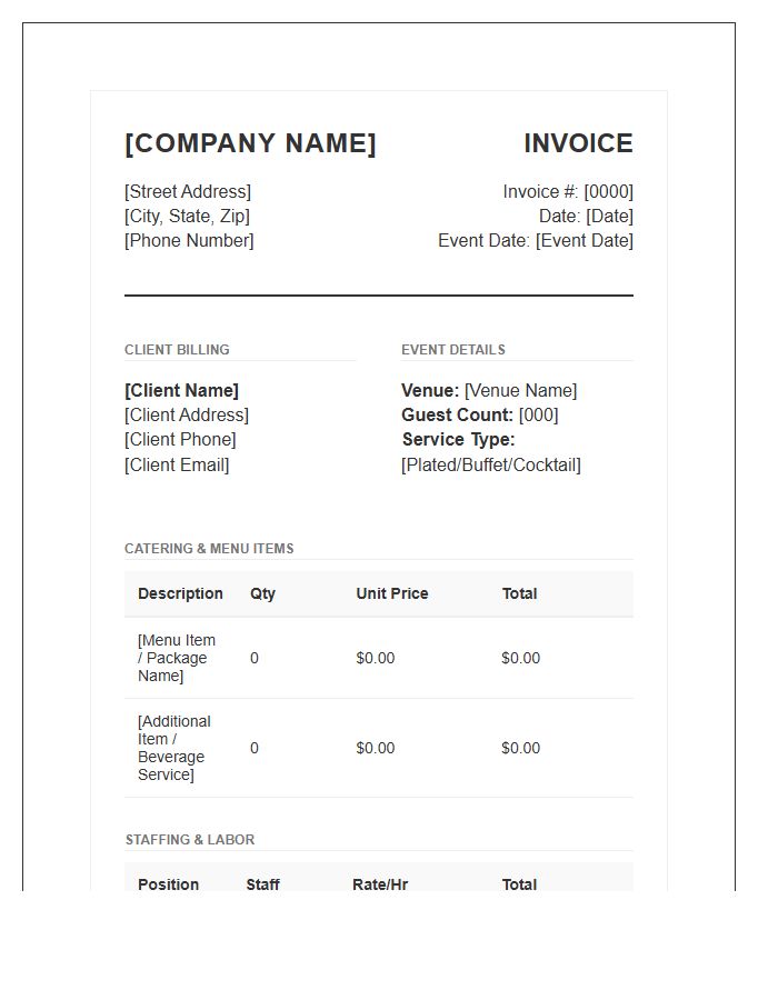 Professional Event Catering And Staffing Invoice Template