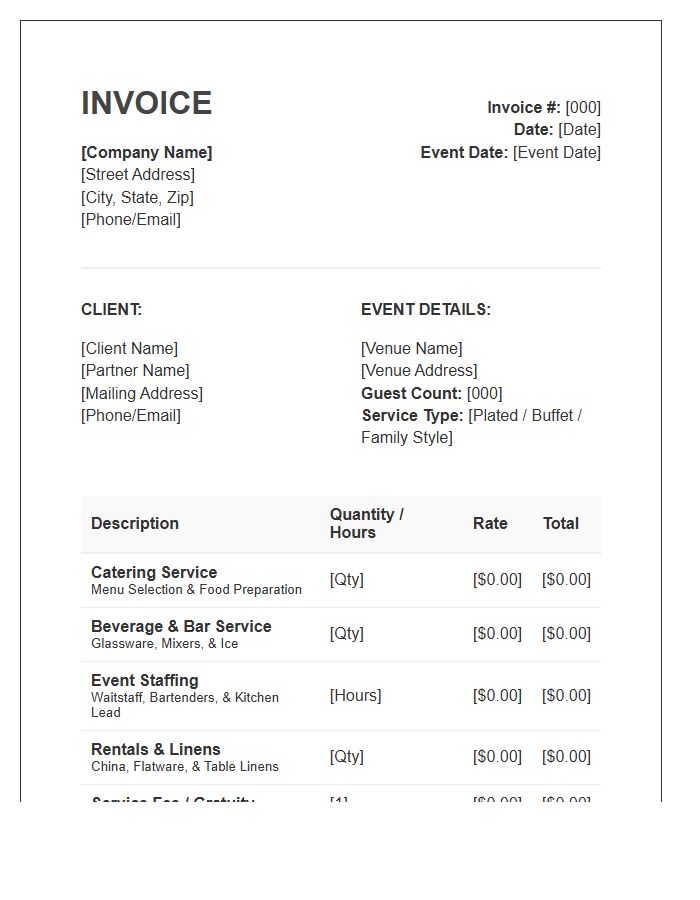 Wedding Catering And Event Staffing Invoice Template