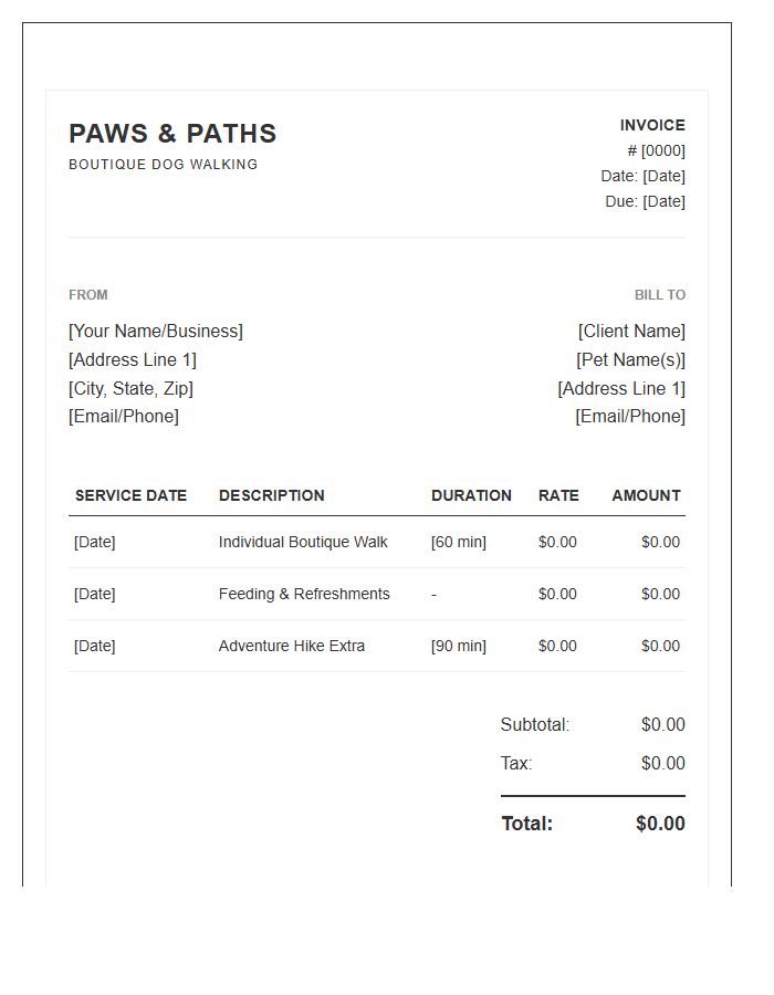 Boutique Dog Walking Service Invoice Template