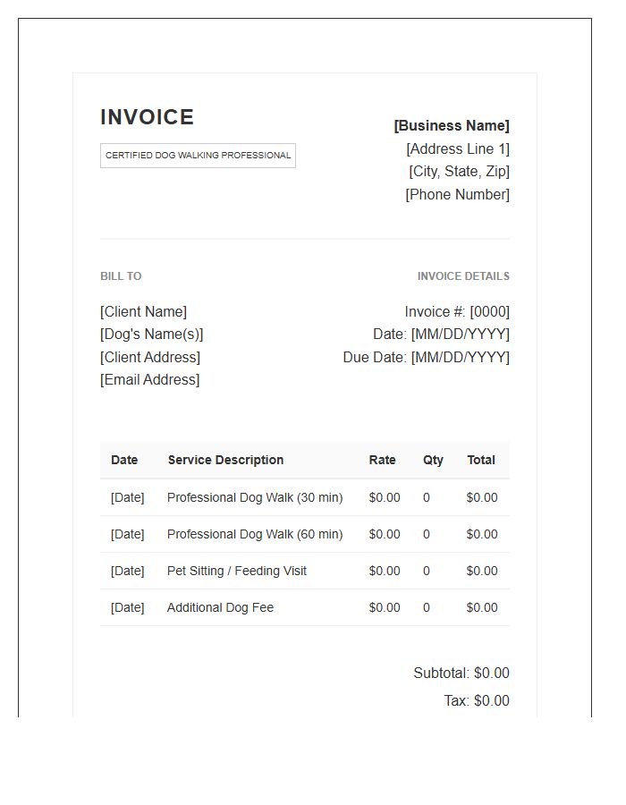 Certified Dog Walking Professional Invoice Template