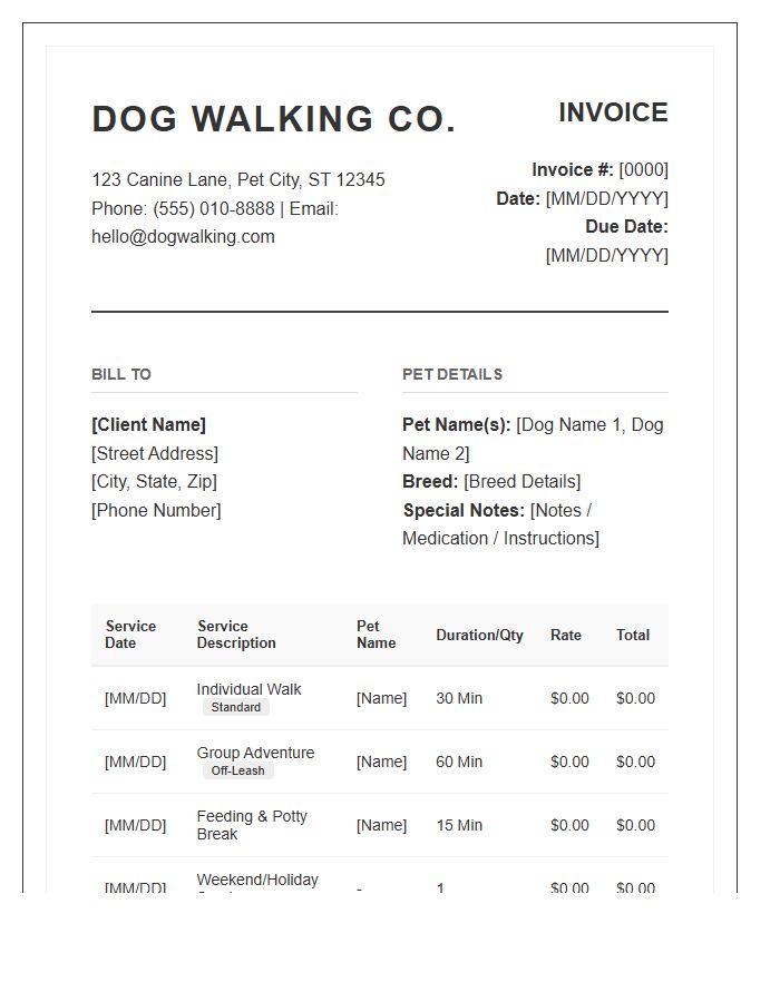 Comprehensive Dog Walking Service Invoice Template