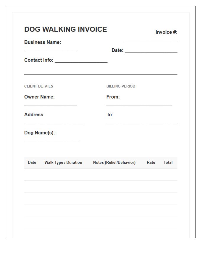 Detailed Dog Walking Record Invoice Template