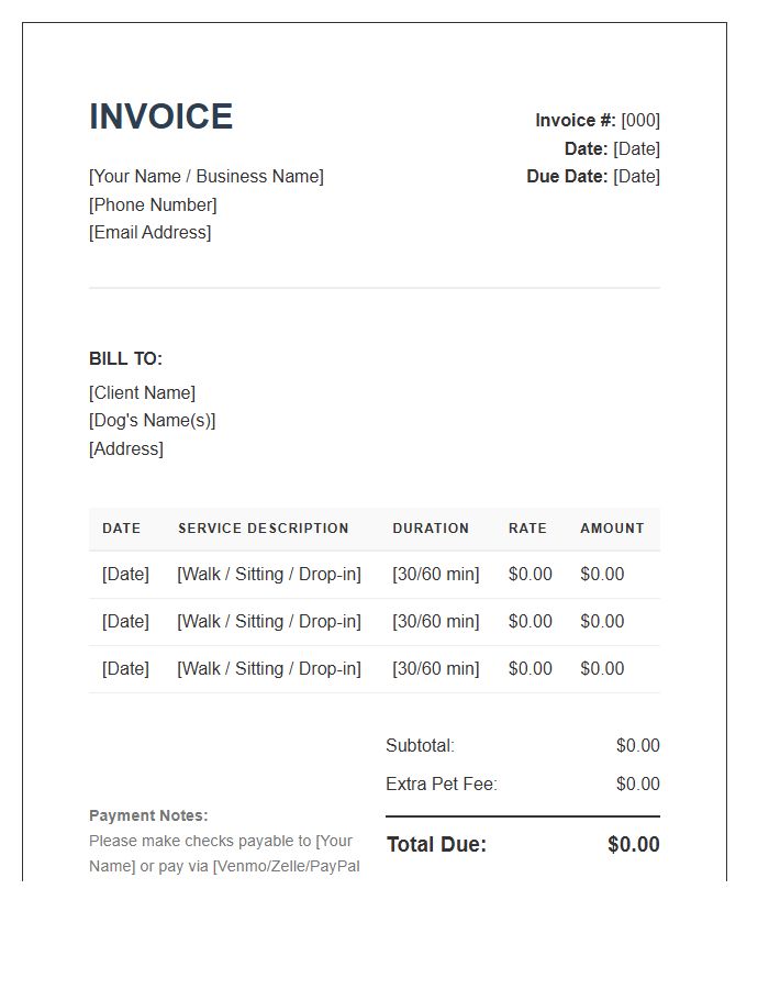 Individual Dog Walker Business Invoice Template