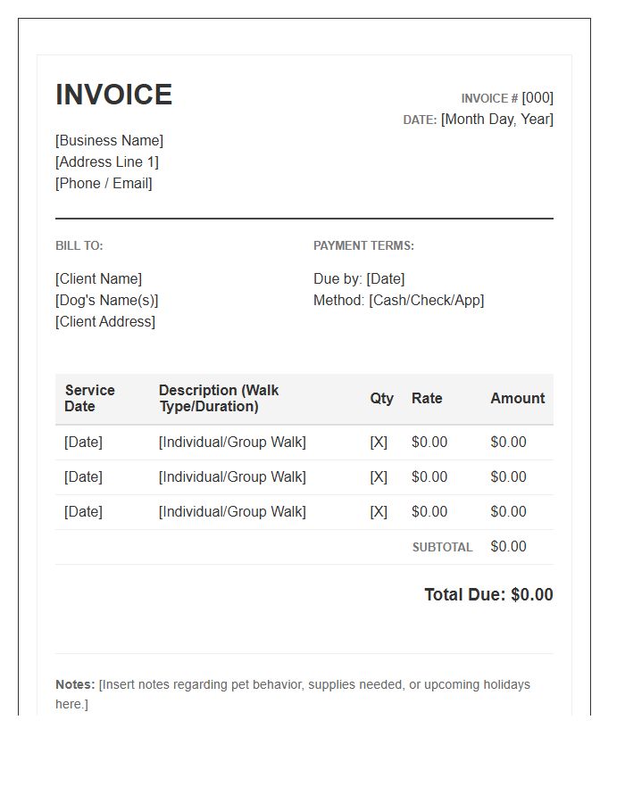 Monthly Dog Walking Professional Invoice Template