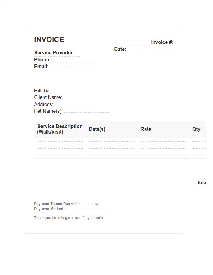Pet Sitting And Dog Walking Service Invoice Template