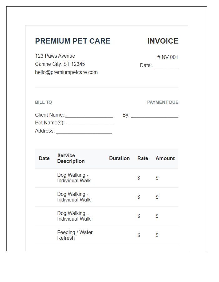 Premium Pet Care Dog Walking Invoice Template