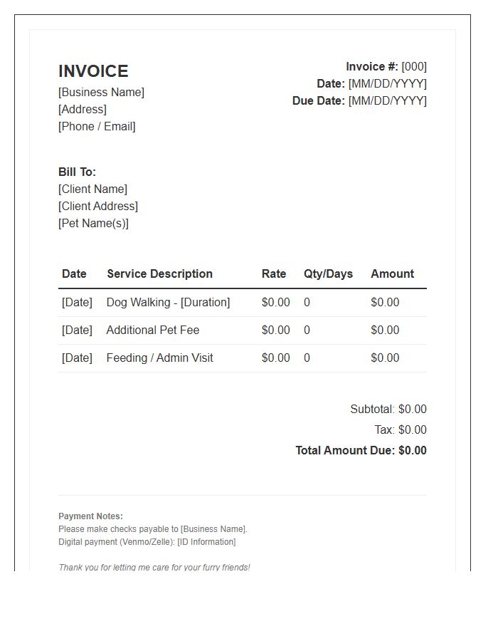 Standard Dog Walking Billing Invoice Template