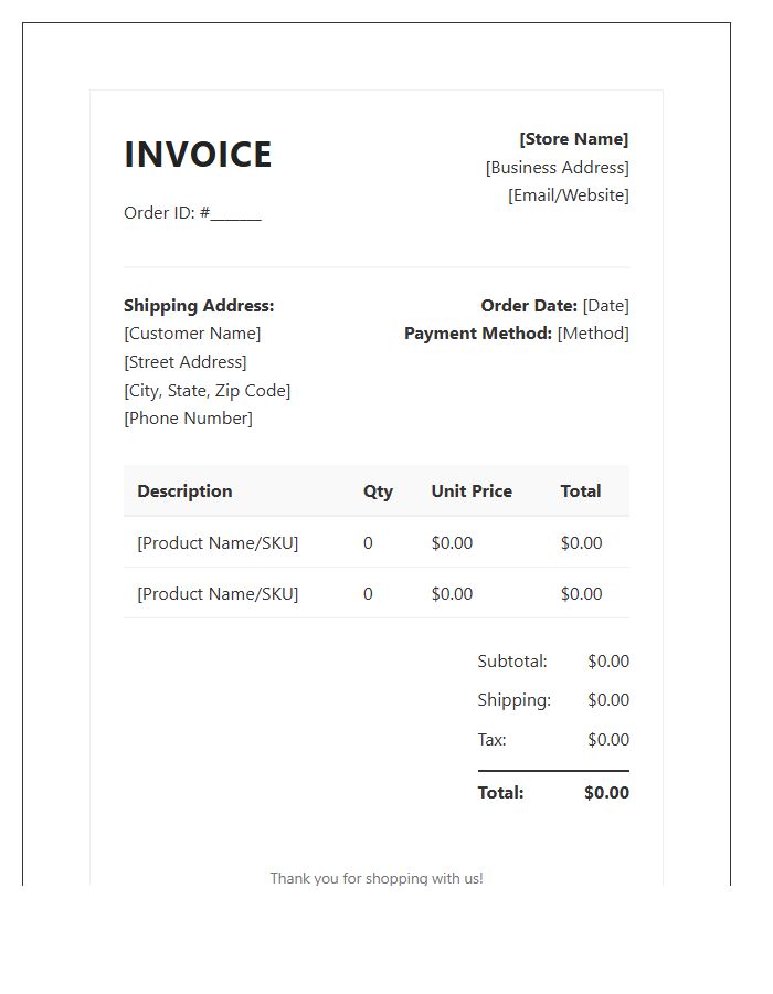 Dropshipping Business Order Invoice Template
