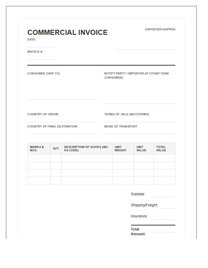 International Shipping Product Invoice Template