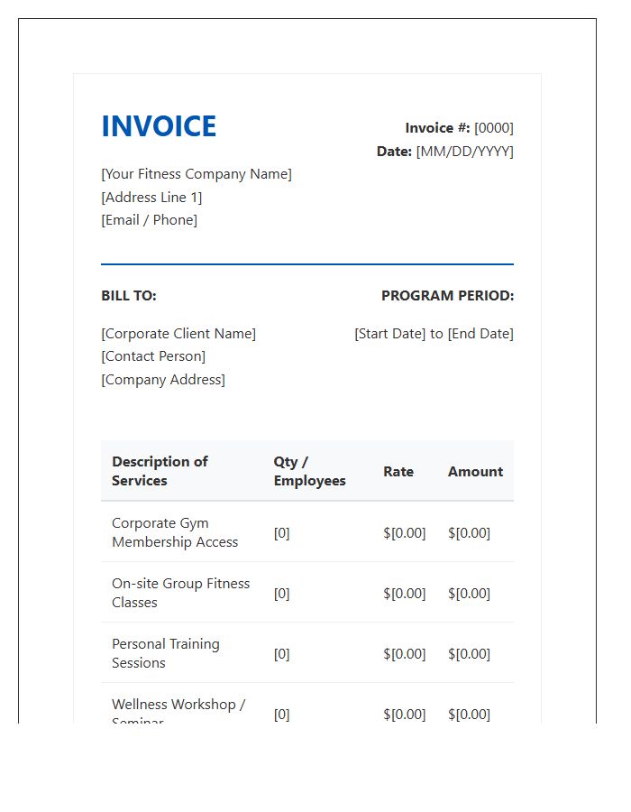 Corporate Fitness Program Invoice Template