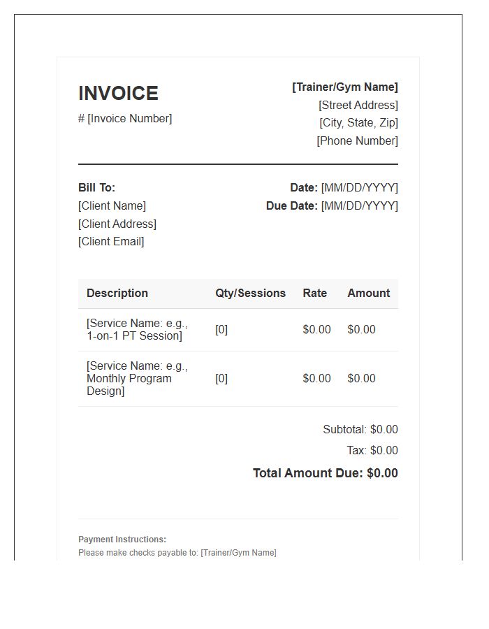 Gym Personal Trainer Billing Invoice Template