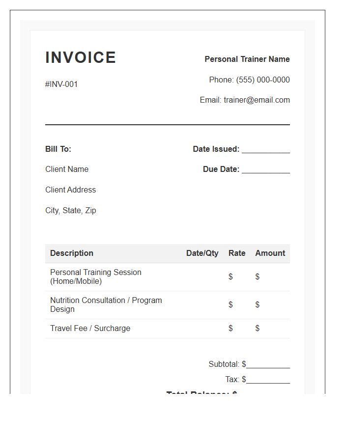 Mobile Personal Trainer Client Invoice Template
