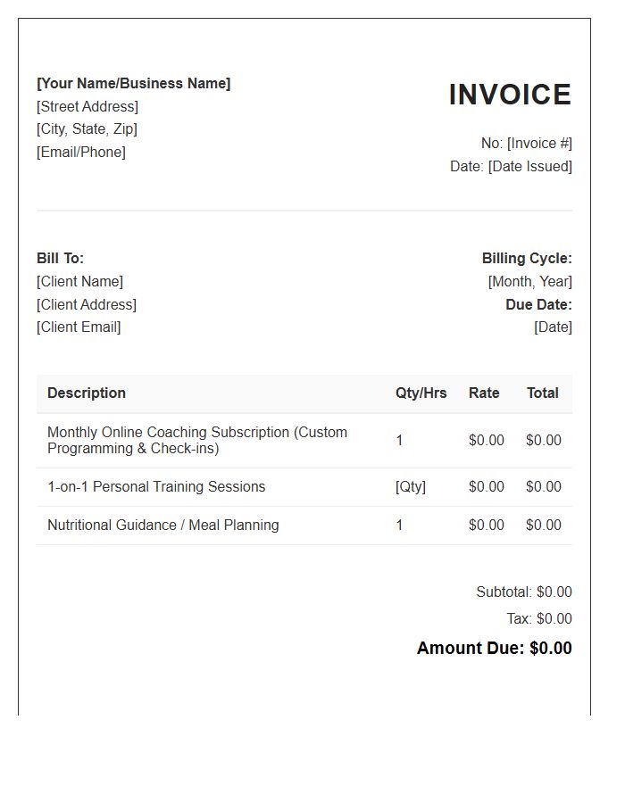 Monthly Fitness Coaching Invoice Template