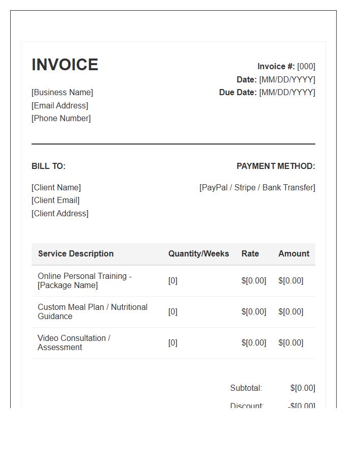 Online Personal Training Services Invoice Template