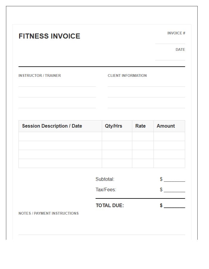 Personal Fitness Instruction Payment Invoice Template