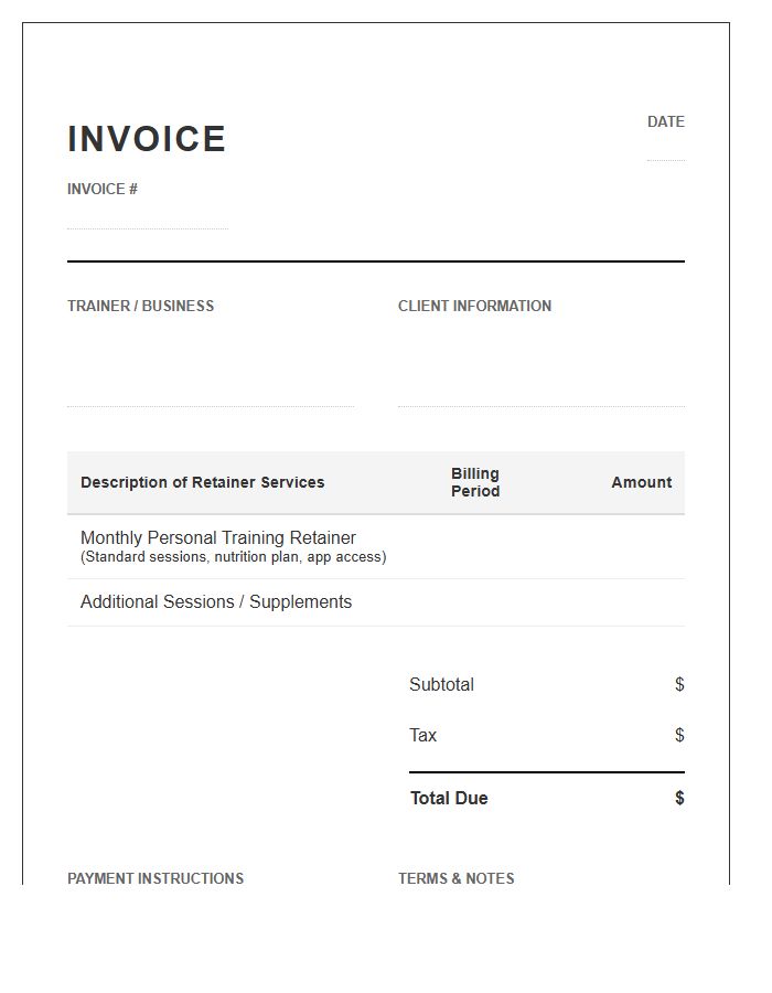 Personal Trainer Monthly Retainer Invoice Template