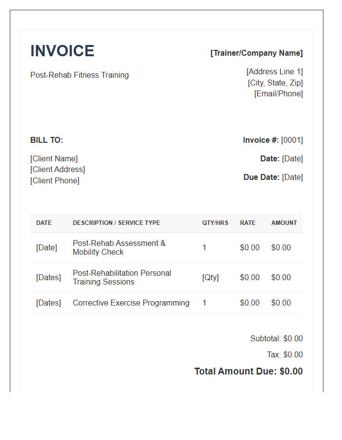 Post Rehabilitation Fitness Training Invoice Template