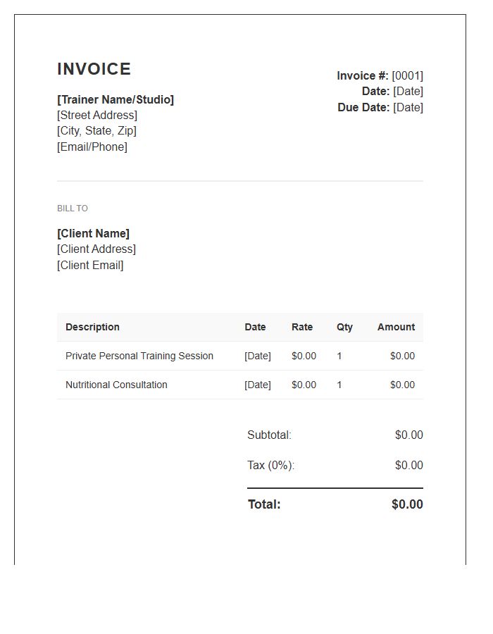 Private Fitness Session Invoice Template