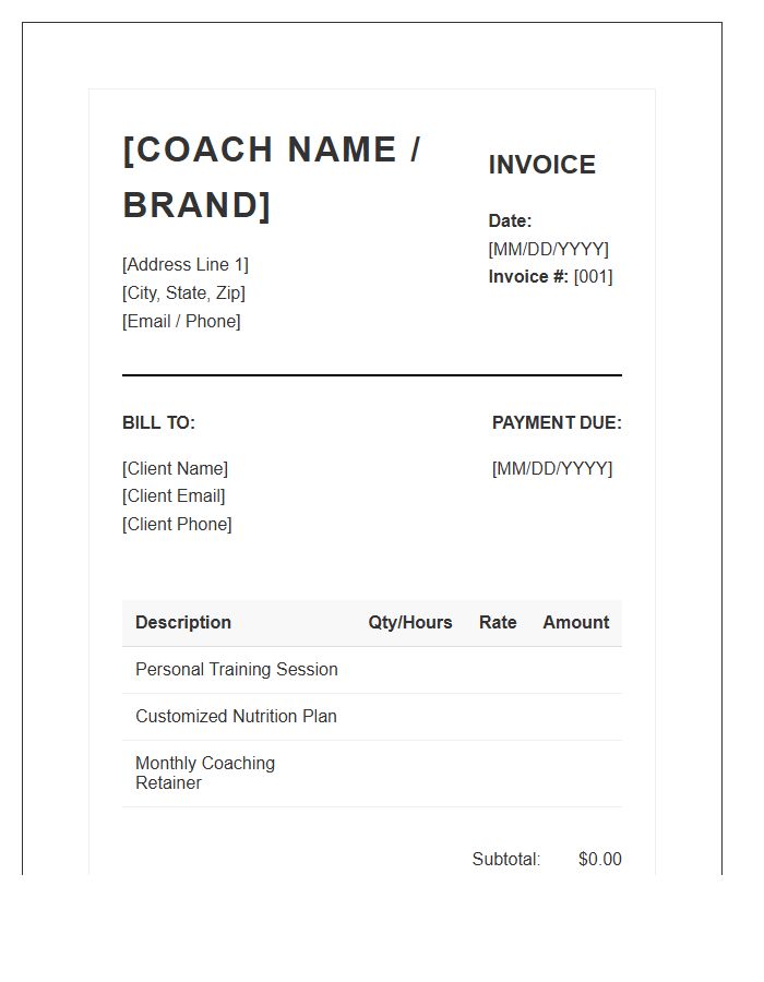 Professional Fitness Coach Invoice Template