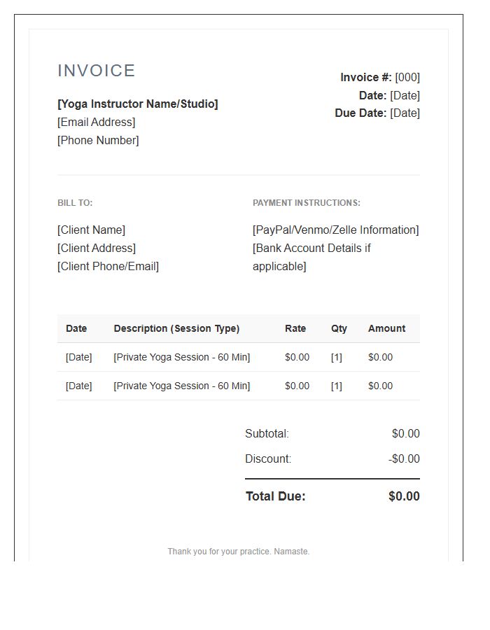 Yoga Instructor Personal Training Invoice Template