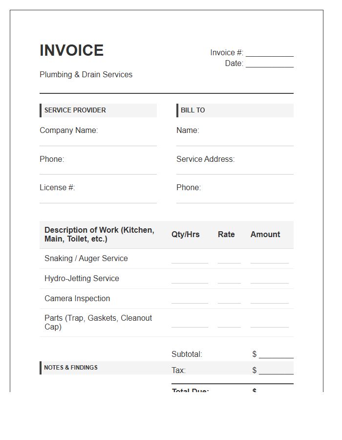 Clogged Drain Repair Invoice Template