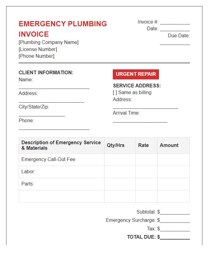 Emergency Residential Plumbing Repair Invoice Template