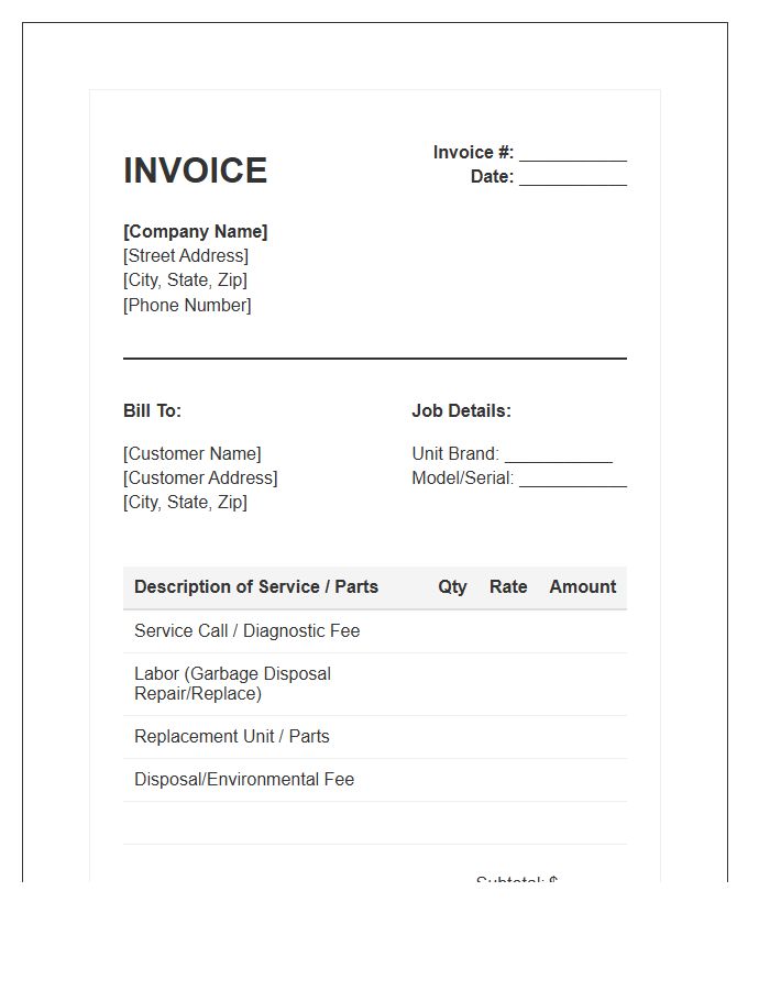 Garbage Disposal Repair Invoice Template