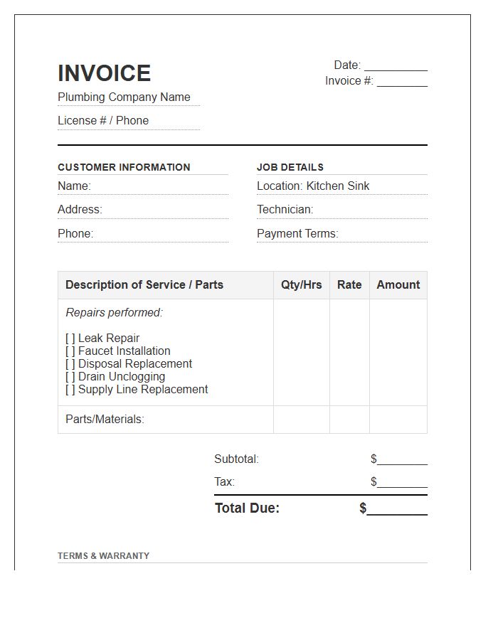 Kitchen Sink Plumbing Repair Invoice Template