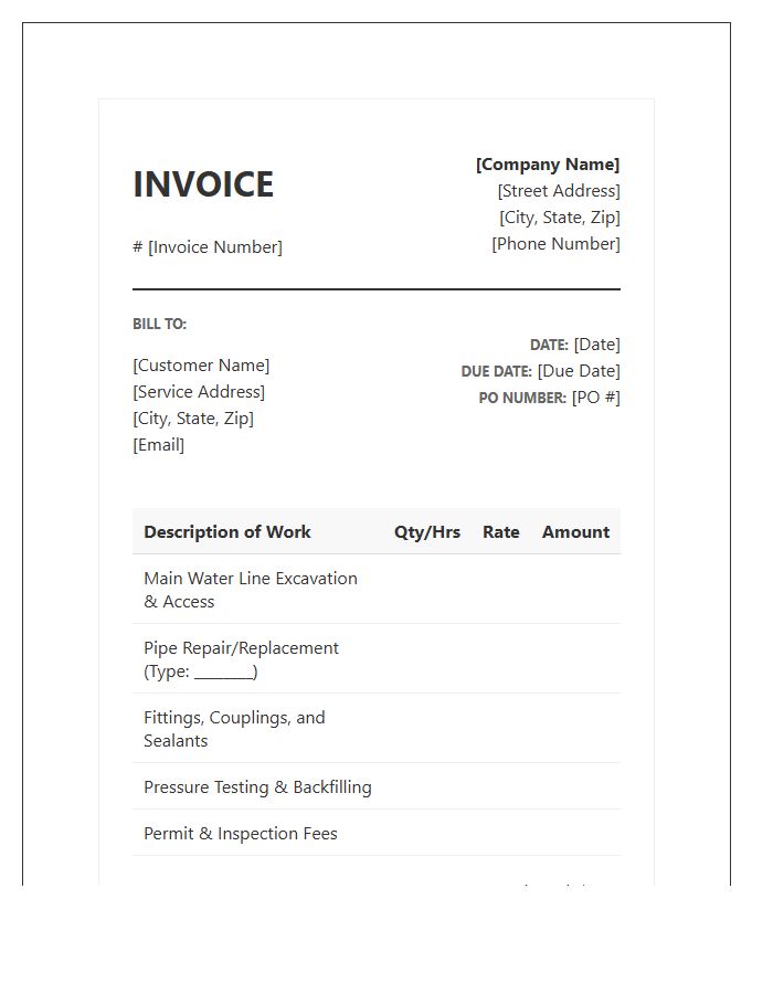 Main Water Line Repair Invoice Template