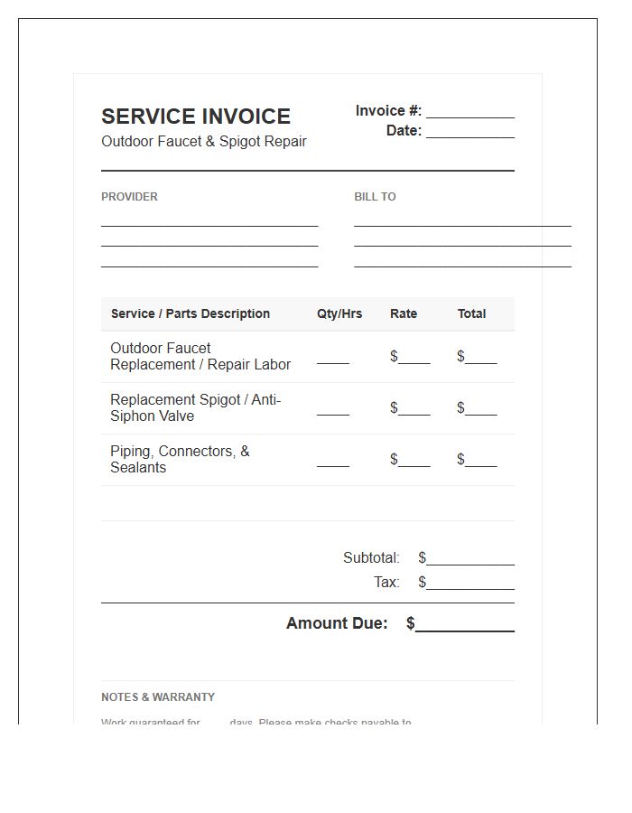 Outdoor Faucet Repair Invoice Template