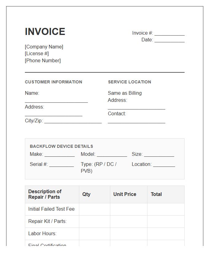 Residential Backflow Repair Invoice Template