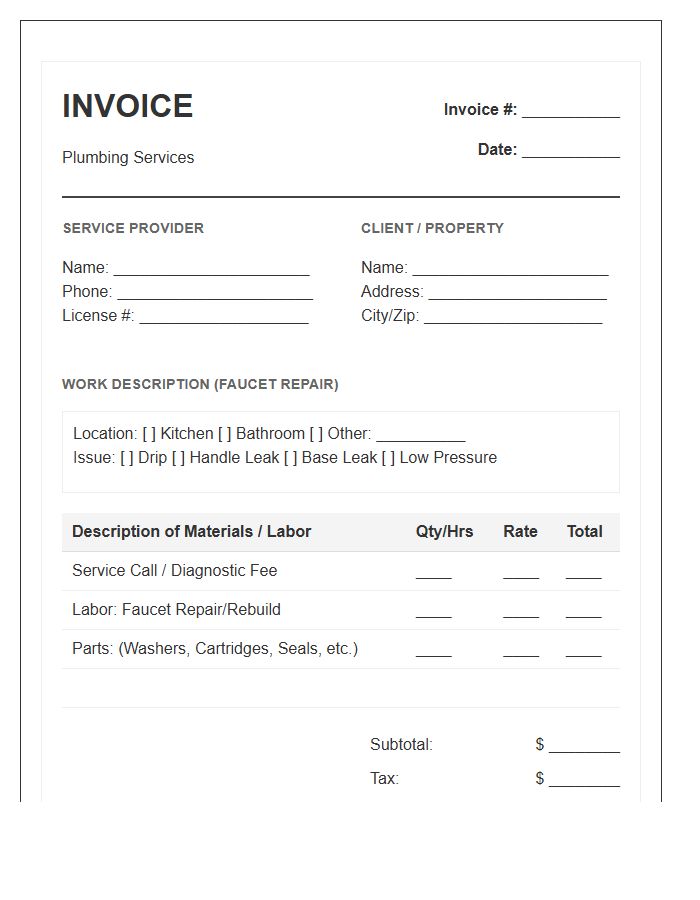 Residential Faucet Leak Repair Invoice Template