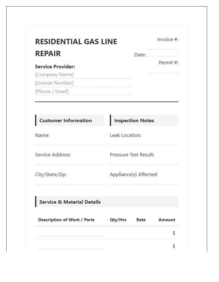 Residential Gas Line Repair Invoice Template