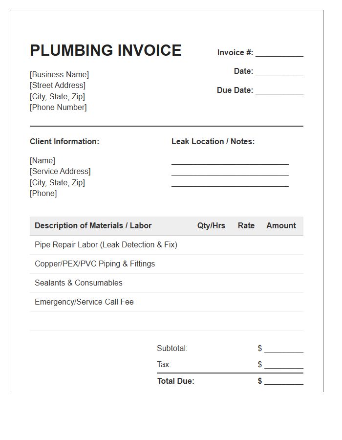 Residential Pipe Leak Repair Invoice Template