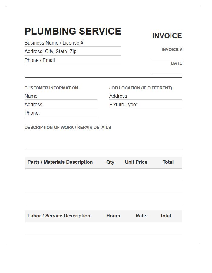 Residential Plumbing Fixture Repair Invoice Template