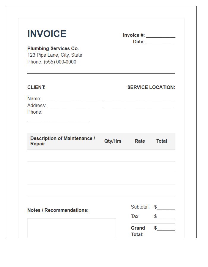 Residential Plumbing Maintenance Invoice Template