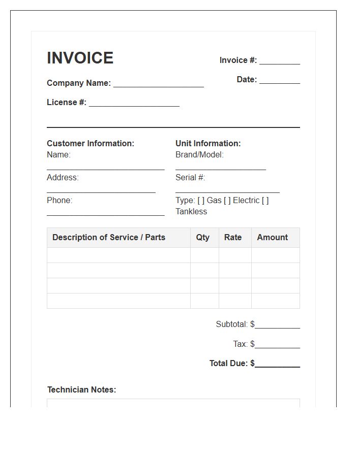 Water Heater Repair Invoice Template
