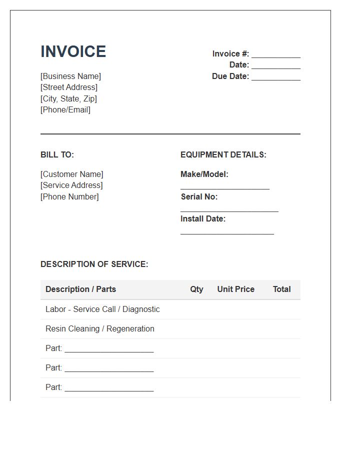 Water Softener Repair Invoice Template
