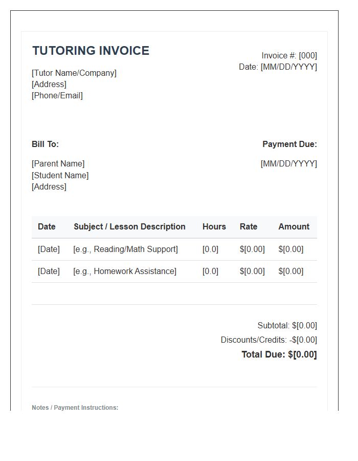 Elementary School Tutoring Invoice Template