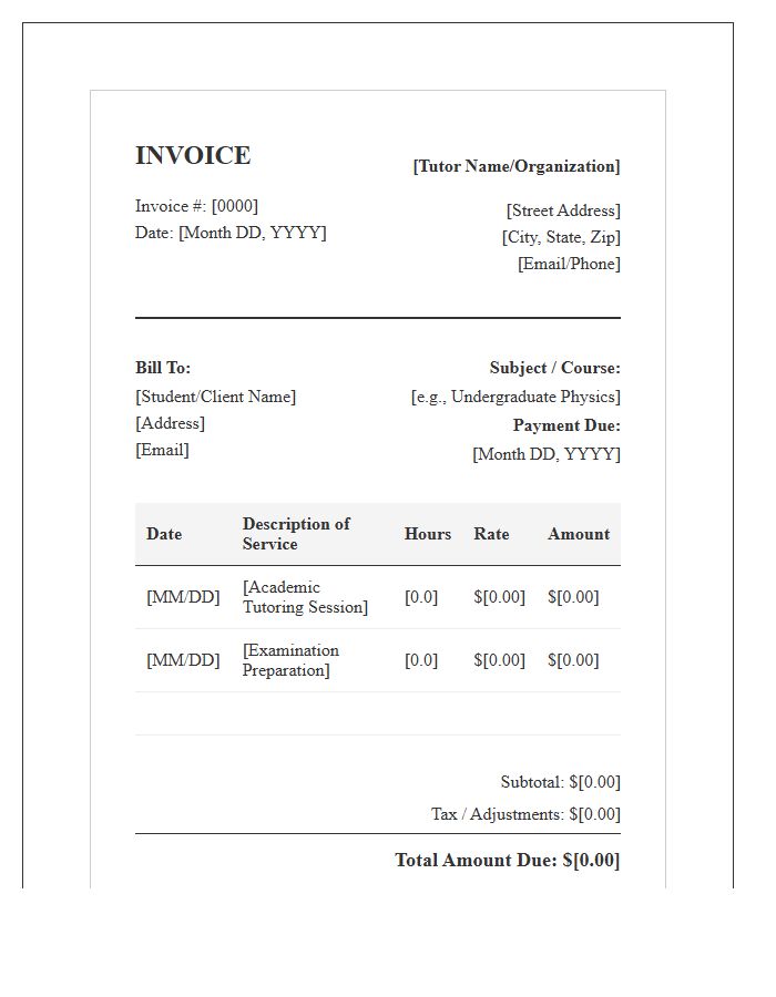 Formal Academic Tutoring Invoice Template