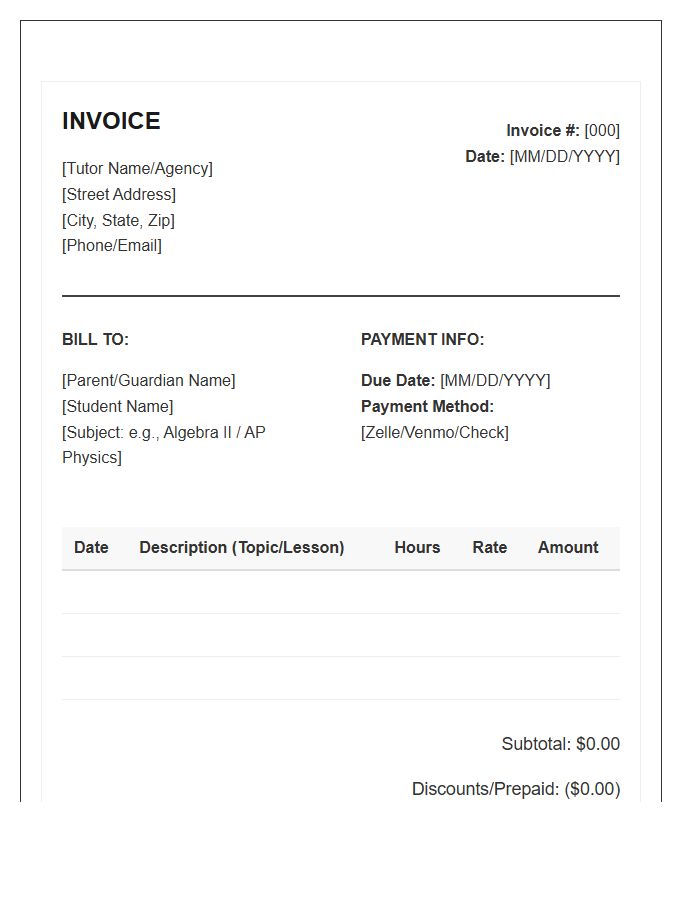 High School Tutoring Invoice Template